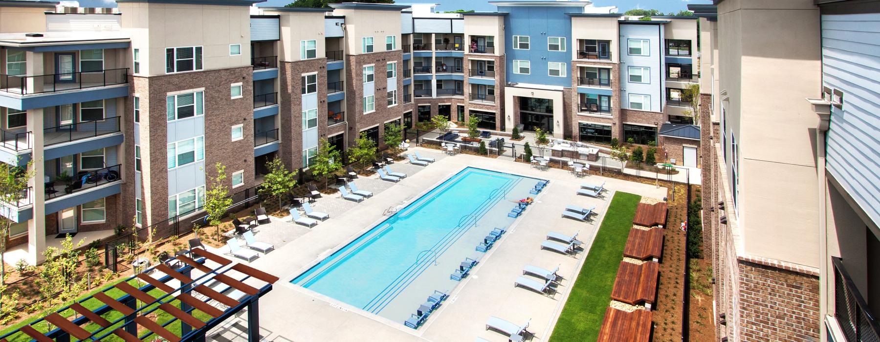 a swimming pool between buildings